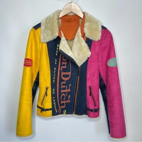RARE Vintage Von Dutch Y2K Pink & Yellow Suede Blue Denim Faux Fur Bomber Jacket - Picture 1 of 16